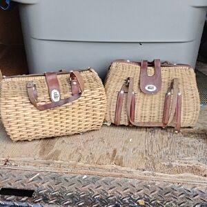 Woven Straw Handbags with Brown Leather Trim